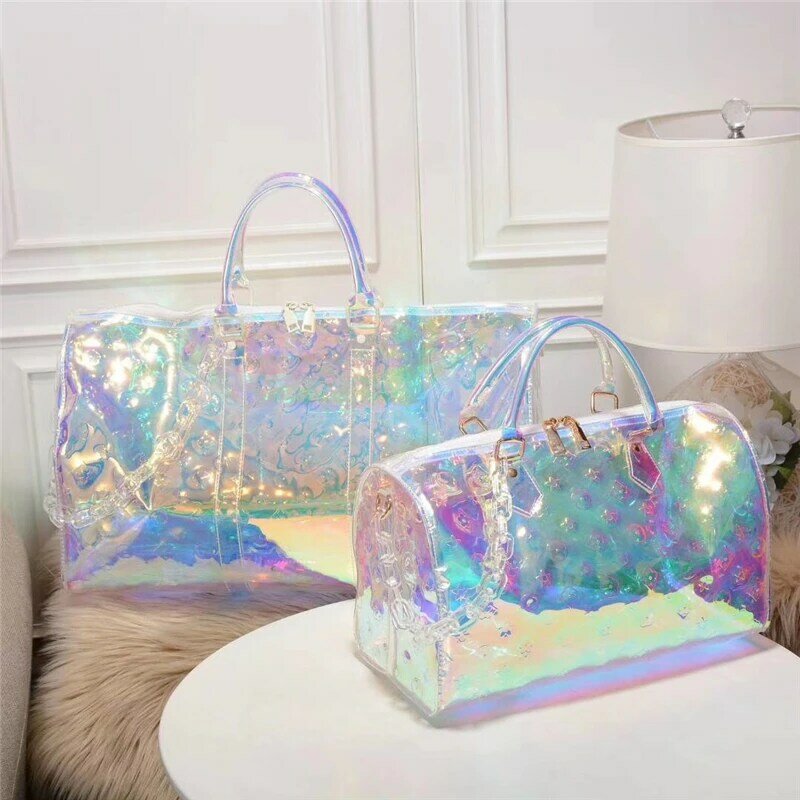 Rainbow Laser Gril Sport Bag Shine Women's Travel Handbag PVC Holographic Luggage Transparent 2019 Lady Tote Hologram Suitcases