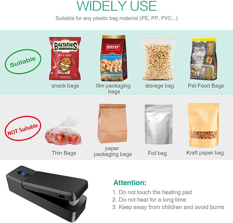 Mini Bag Sealer 2 in 1 Rechargeable Portable Bag Vacuum Heat Sealer&Cutter for Plastic Snack PVC Bags Outdoor Picnic Campaign