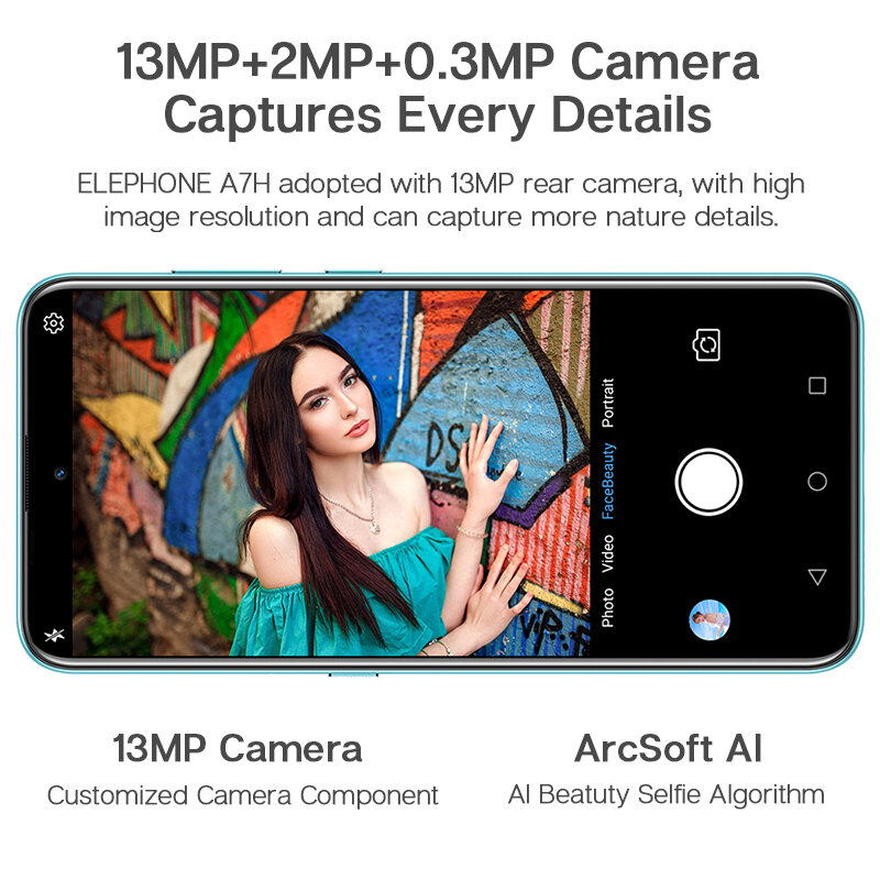 Smartphone elephone a7h versão global, celular com 4gb + 64gb, tela de 6.4 ", android 9.0, bateria de 3900mah, câmera traseira tripla de 13mp cams desbloqueio de impressão digital