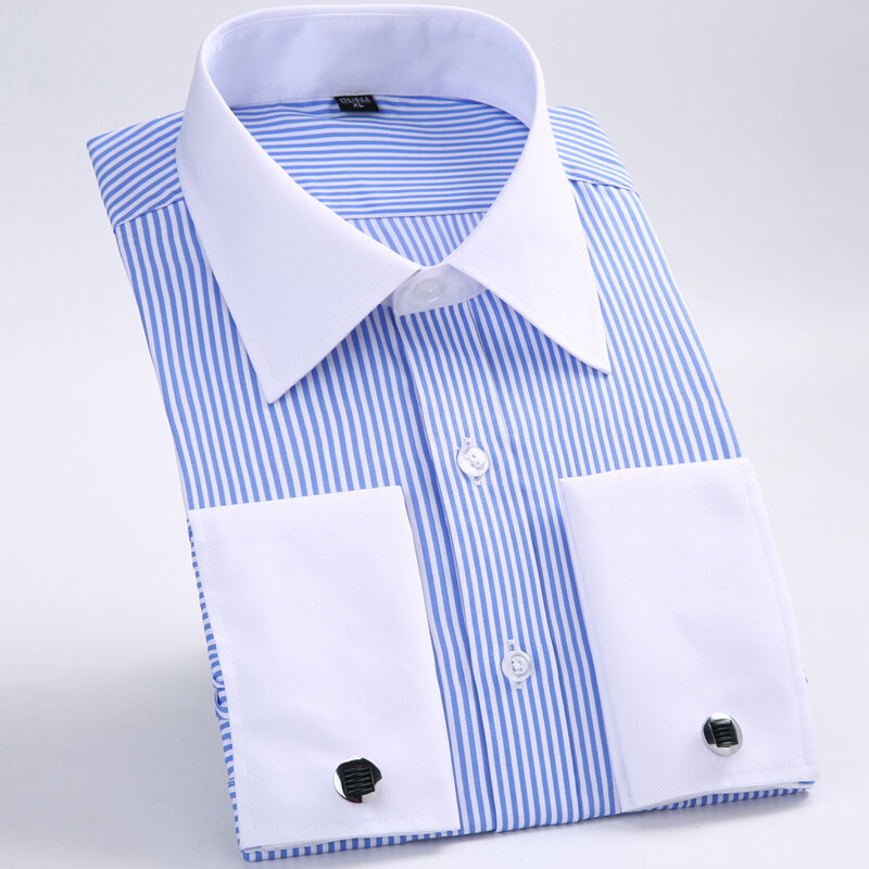 Мужская классическая рубашка в полоску с французскими манжетами, Классическая Свадебная рубашка с одним накладным карманом и длинными рукавами (запонки в комплекте)