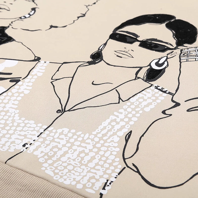 Camisolas de manga comprida feminina com estampa de personagens, gola redonda, cinza