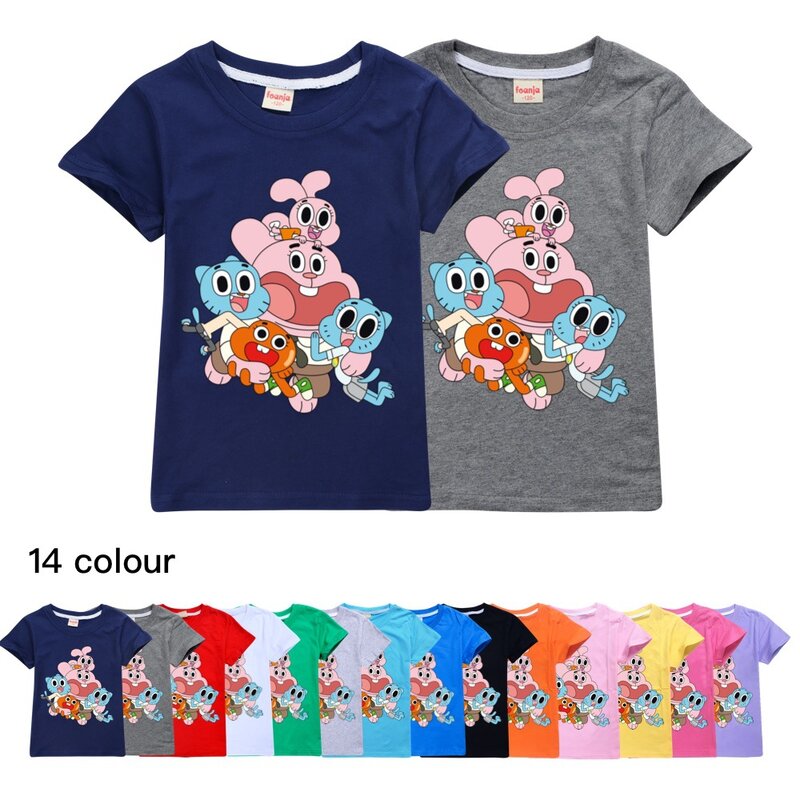 Летняя хлопковая Детская рубашка футболка с короткими рукавами для мальчиков и девочек «gumball amazing world» Детская одежда для девочек от 3 до 16 ле...