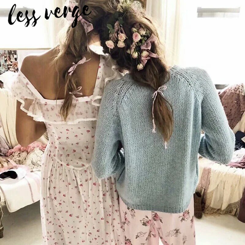 Lessverge floral bordado curto de malha cardigan feminino casaul azul cashmere jumper outono inverno feminino rosa camisola bonito 2019