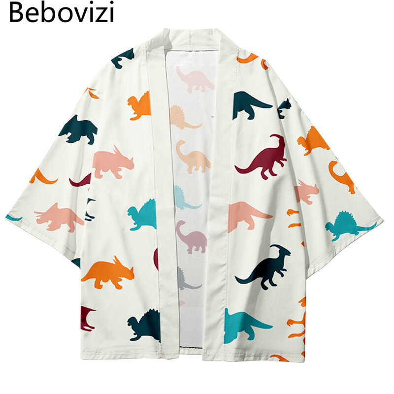 Kimono Japanischen Stil Dinosaurier Druck Weiß Strickjacke Haori Harajuku Frauen Casual Lose Yukata Tops Streetwear Shirts Plus Größe