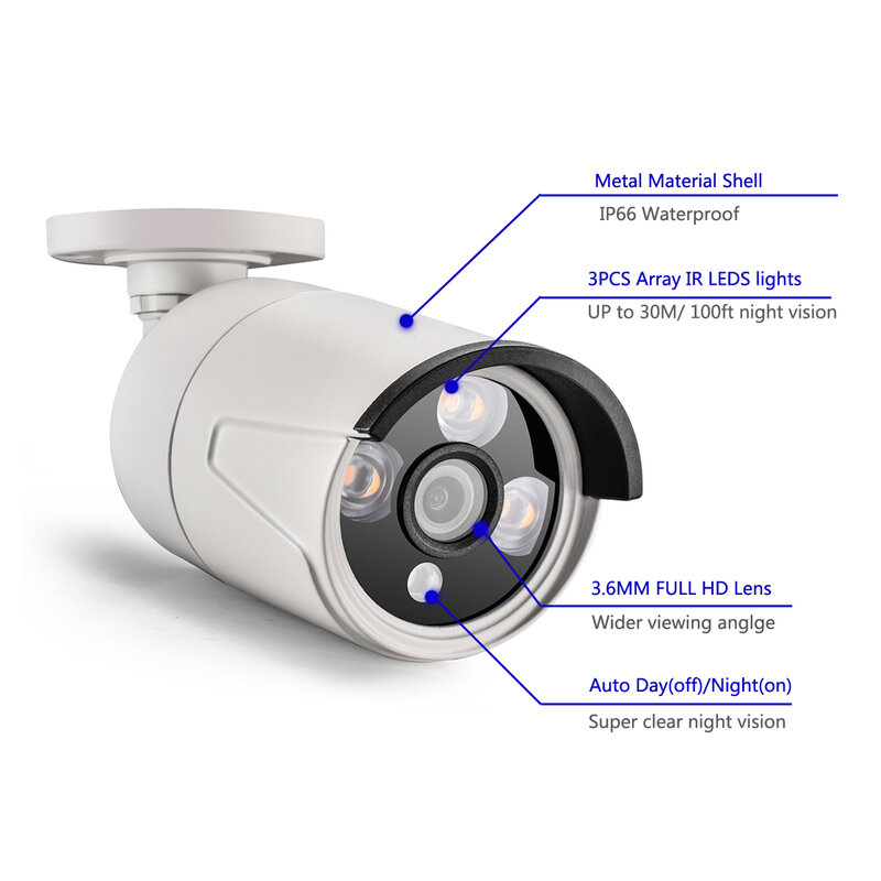 Камера видеонаблюдения AZISHN AZ-IP603-BW Bullet, 5 Мп, 2880x1616P, инфракрасная, с аудио, для улицы, металлическая, POE/DC, 2 МП/3 Мп