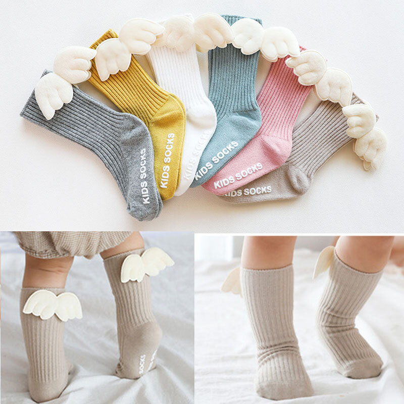 Хлопковые носки до колена для девочек, однотонные, ярких цветов, с крыльями ангела, для лета и осени