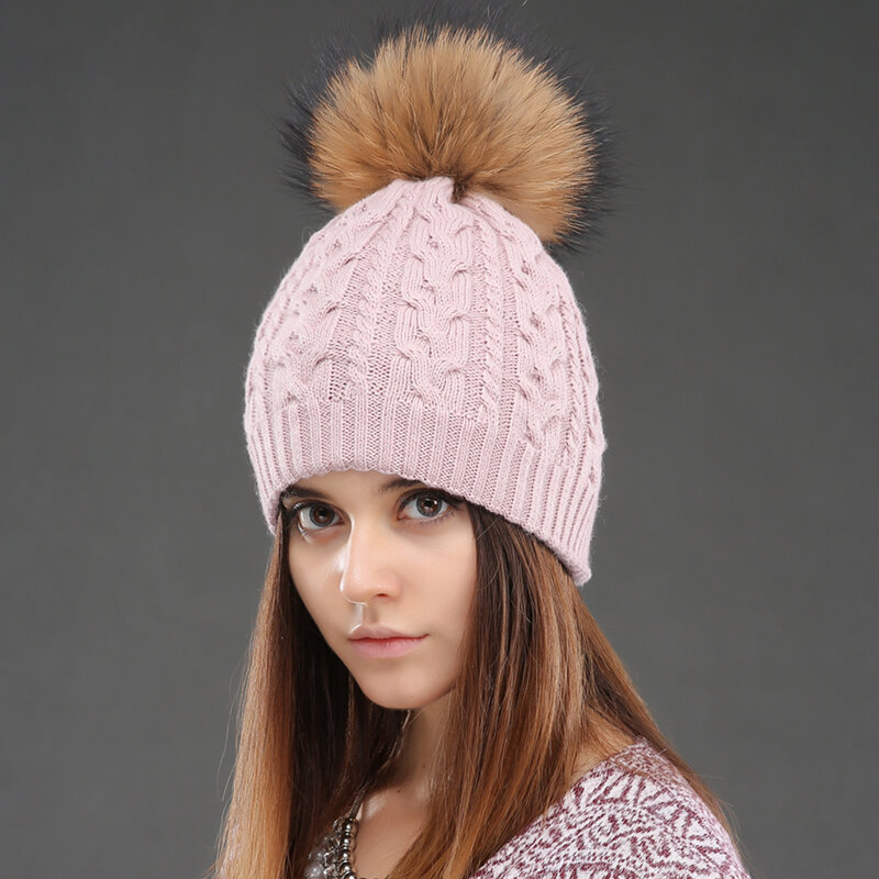 CNTANG 2021 Women Double layer Knitted Hats Winter Warm Beanies Wool Hat With Pompom Natural Fur Raccoon Fashion Female Cap