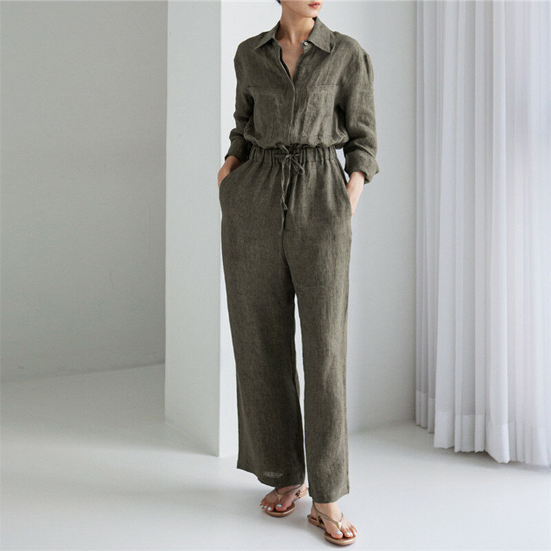 IHOBBY-Mono de pierna ancha de lino y algodón para mujer, traje de una pieza con cuello de etiqueta de cintura con cordones, manga larga, Verano