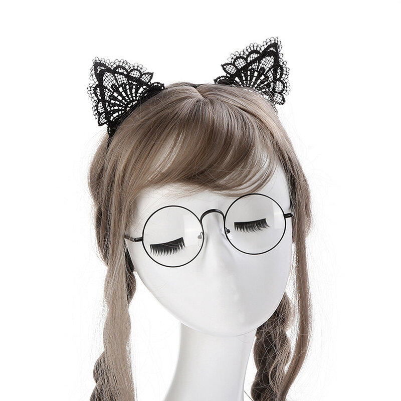 여성용 레이스 섹시한 머리띠, 사랑스러운 고양이 귀, 머리 체인 쥬얼리, 휴일 폴리에스터 머리띠, 의류 액세서리, 블랙, 1 개