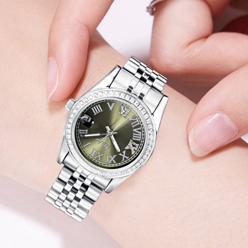 Relojes de marca de lujo para mujer, reloj de cuarzo para mujer, esfera verde, cristal ostentoso, plata, acero inoxidable