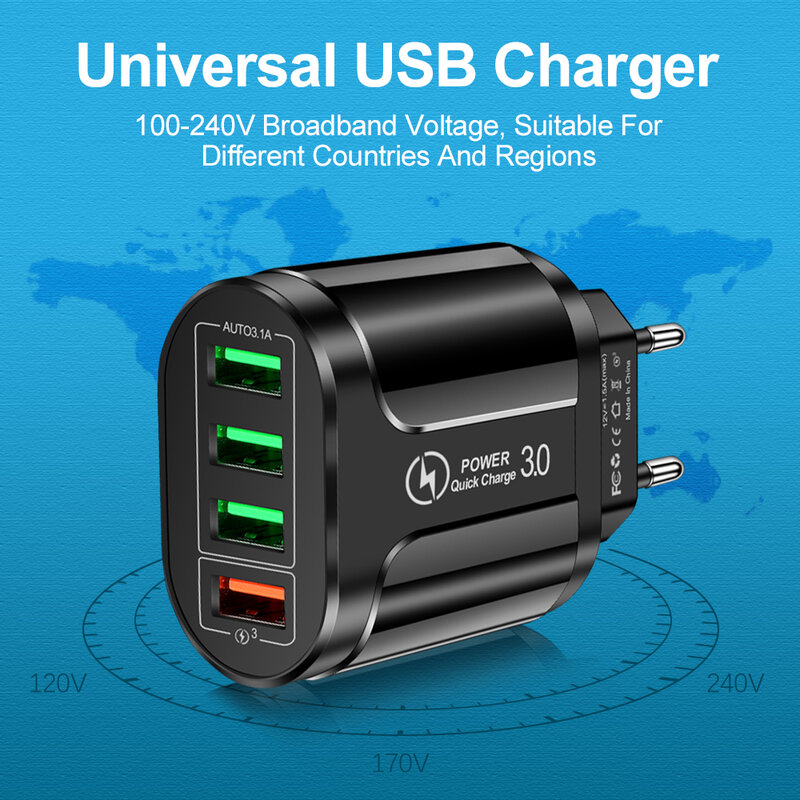 4 USB 45W USB Charger Fast Charge QC 3.0 Wall Charging For iPhone 12 11 Samsung Xiaomi Mobile 4 Ports EU US Plug Adapter Travel