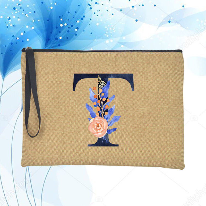 26 Letter Flowers Women Linen Clutches Bags Fashion Casual Zipper Lipstick Storage Cosmetic Bag Makeup Handbag Female Best Gifts