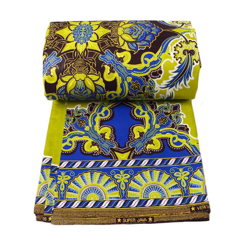 Neueste Ankünfte Afrikanischen Stoff Wahre 100% Baumwolle Gelb Und Blau Blume Drucken Stoff Garantie Echt Wachs 6Yards los