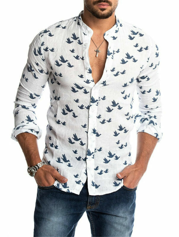 2019 Fashion Men Cotton Linen Shirts Casual Long Sleeve Stand Neck Tops Loose Blouse Men Clothes Swam Print Shirt Men Blouse Top