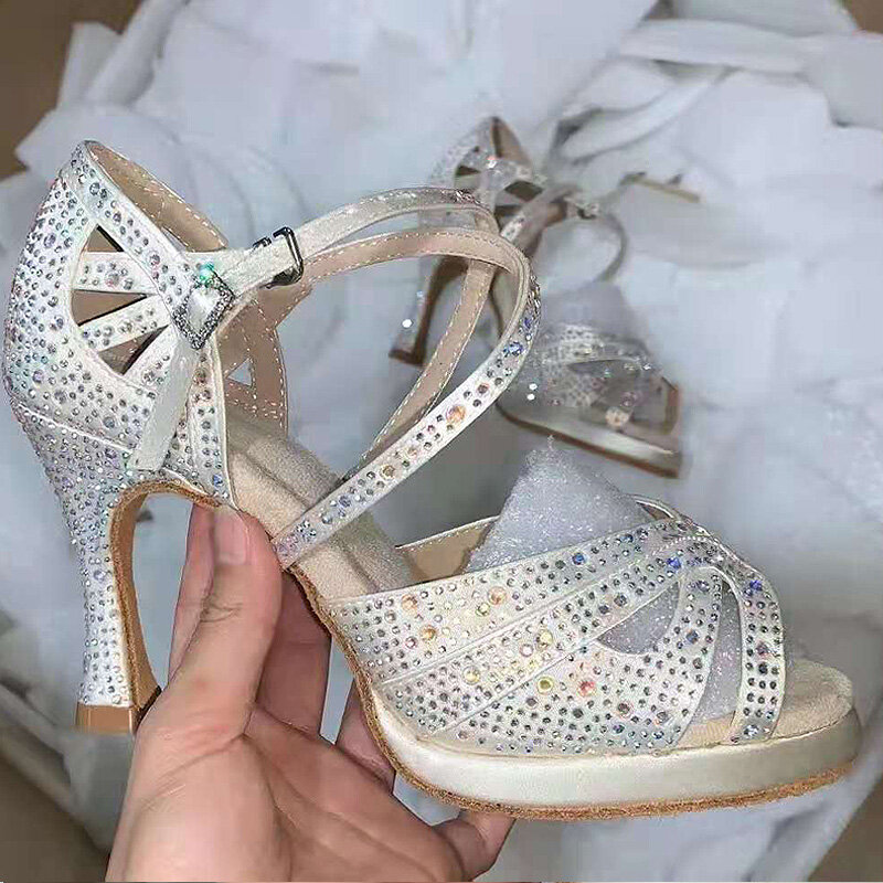 Zapatos de boda para mujer, sandalias de baile de Salsa con plataforma, zapatos de baile plateados con diamantes de imitación