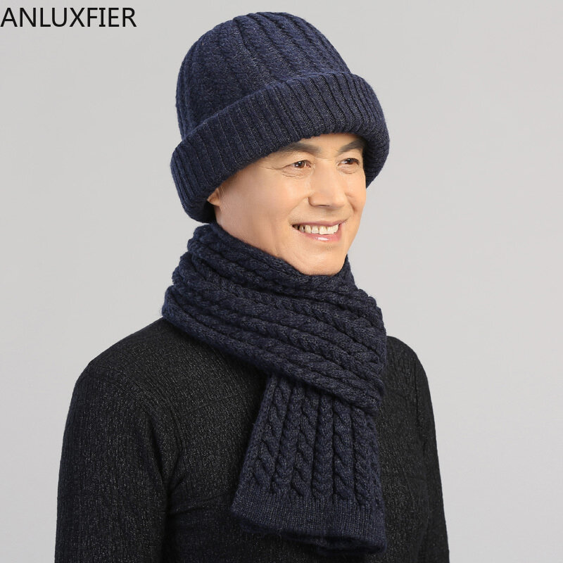 H7144 Man Hat Adult Middle Age Male Winter Knit Wool Cap Elderly Father Grandpa Birthday Present Warm Thicken Scarf Hats Set