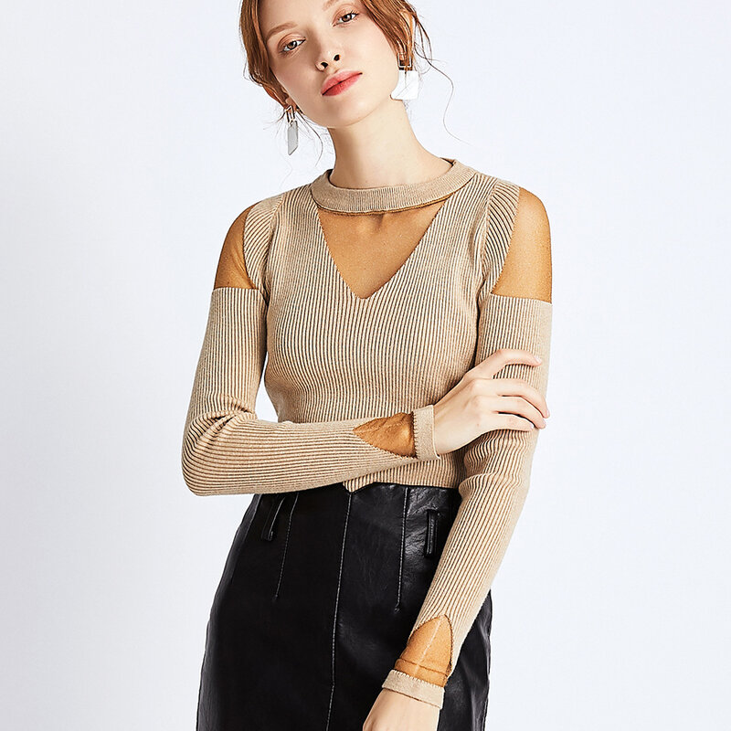 2019 Mesh Hollow out off shoulder autumn winter thick sweater women OL female sweater pullover Slim long sleeve sweater jumper