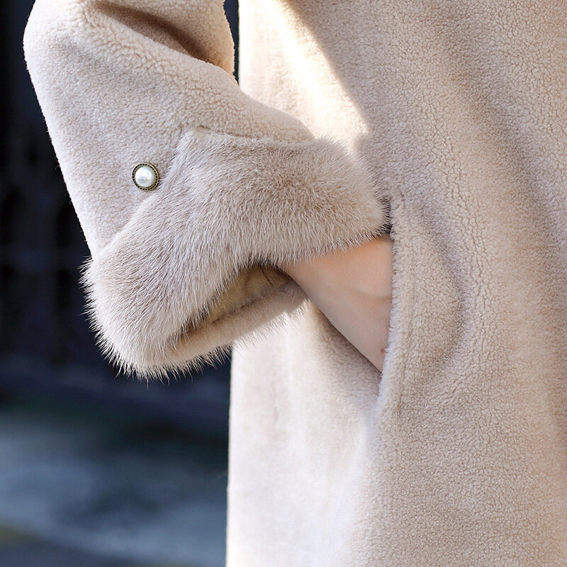 Casaco de pele verdadeira feminino, jaqueta de inverno para mulheres com gola de pele de vison e lã de ovelha, roupas coreanas compridas com tamanhos 2020 x j5158