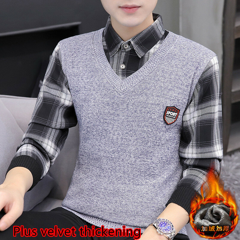 Men's Fashion Sweater Shirt Collar Fake Two Pieces Youth Trend Pullover M-3XL