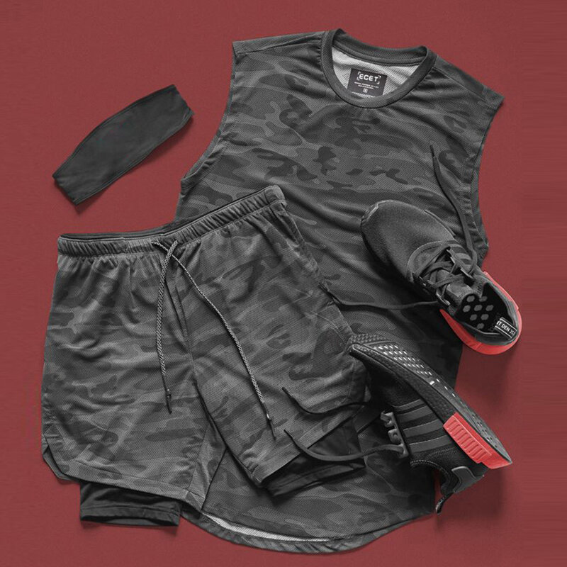 Mouwloze Sport T-shirt Mannen Fitness Tops Mesh Camo Running Tshirt Gym Shirt Snel Droog Sport T-shirt