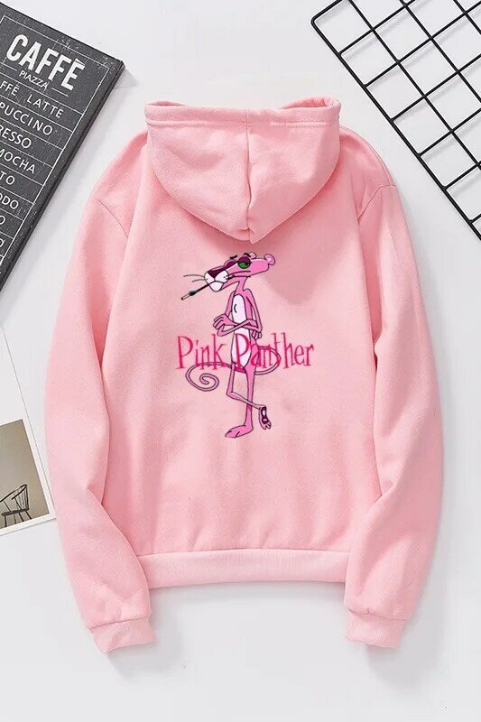 Qrxiaer moda dos desenhos animados pantera rosa hoodie moletom com capuz feminino outono streetwear manga longa feminino menina casaco de inverno