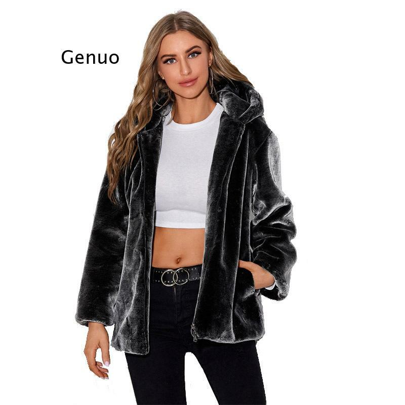 Inverno grosso quente senhoras casaco de pele do falso com capuz preto macio e confortável avançado falso pele feminina manga longa elegante luxo