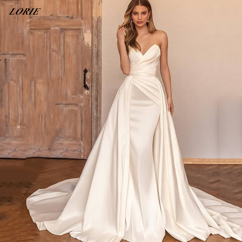 LORIE-vestidos de novia de satén con hombros descubiertos, sexys, con cola desmontable, línea en A, Blanco/Marfil