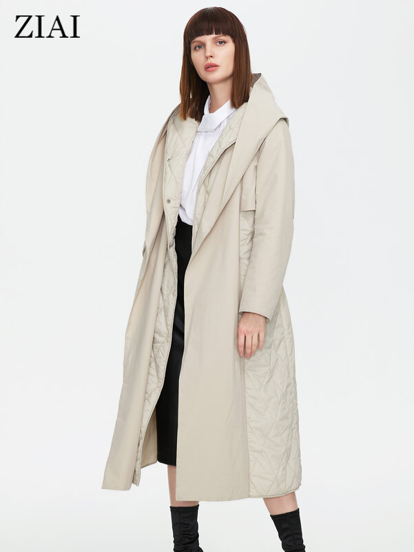 Женская Осенняя стеганая куртка ZIAI 2022, женский длинный тонкий хлопковый тренчкот, элегантная ветровка с капюшоном и поясом на скрытых пуговицах