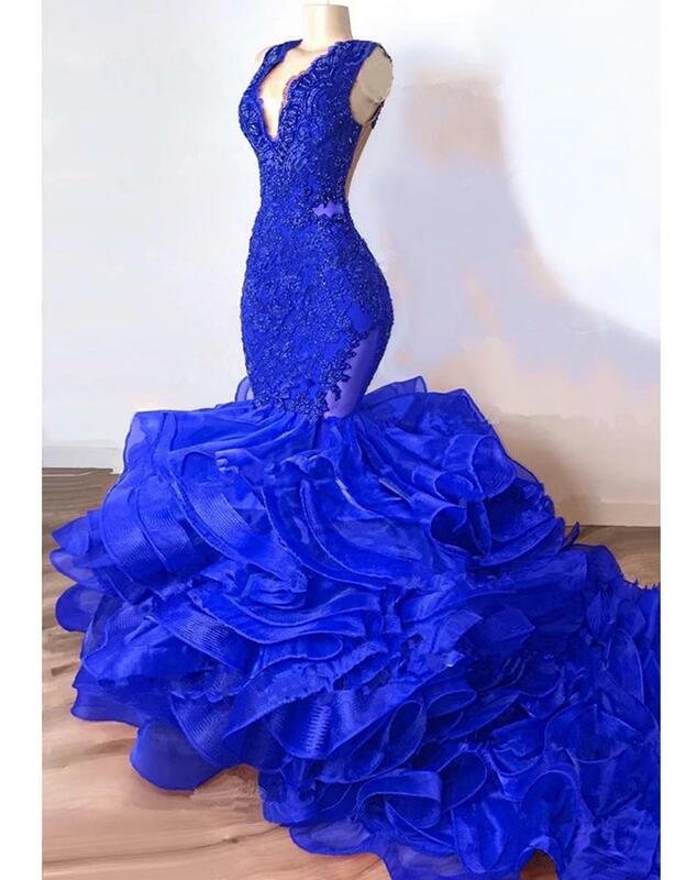 Luxury Royal Blue Lace Beaded Mermaid Evening Dresses Puffy Bottom Ruffles Long Prom Gowns Sexy Party Vestido Formatura