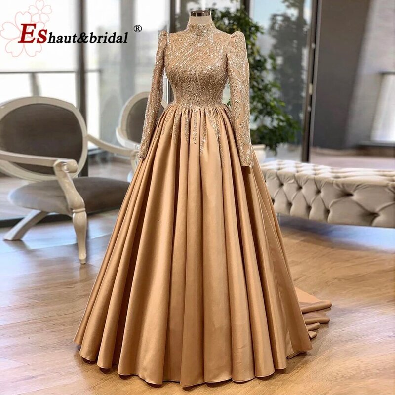 Elegante vestido muçulmano de noite, gola alta, mangas longas, grânulos de lantejoulas de cetim, baile formal, vestidos de casamento, tamanho grande, 2023