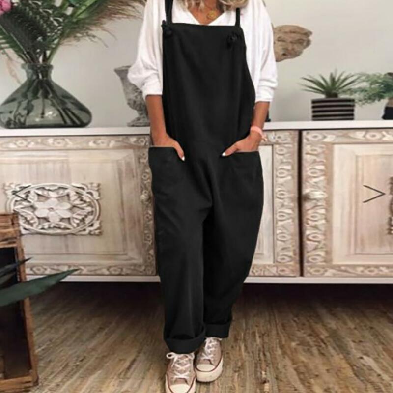 80% HOT SALES！！！Women Casual Solid Color Sleeveless Pockets Long Pants Strap Jumpsuit Overall