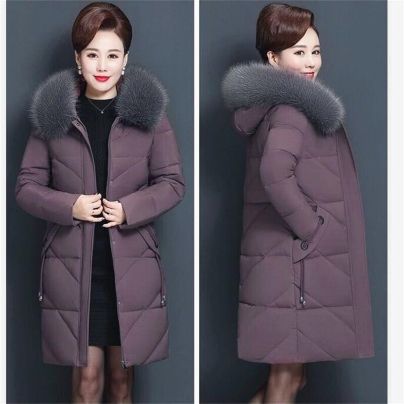 Женская куртка средней длины, с большим меховым воротником, однотонная, из XL-7XL хлопка, легкое пальто