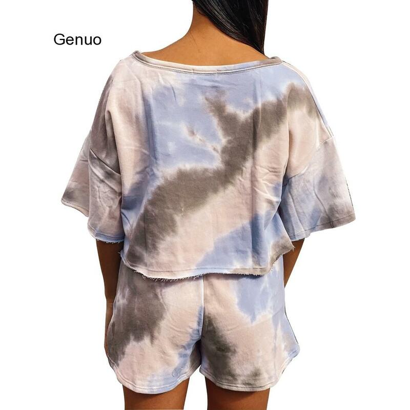 2020 New Tie Dye 인쇄 된 여성 잠옷 슬리브 탑 & 바지 후드 Pijamas Feminino 세트 Nightwear 캐주얼 잠옷 Nightwear