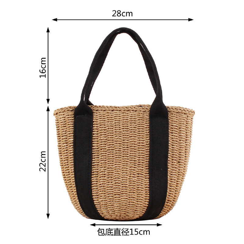 28x22CM Handbag Bucket Woven Bag Hand Carry Black Webbing Straw Bag Summer Vacation Photo Beach Bag a7222