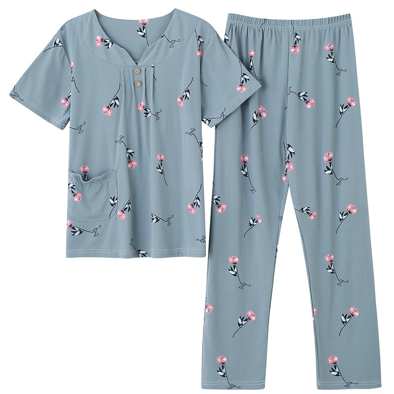 Pyjama d'été en coton pur pour femmes, vêtements de nuit, manches courtes, 2 pièces, 4XL