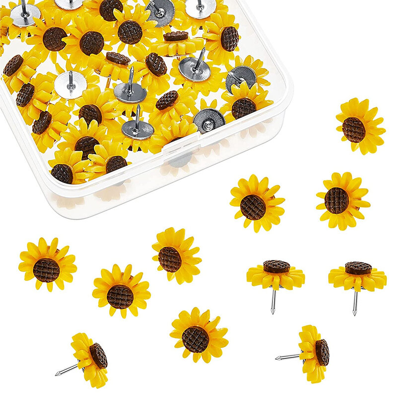 MOGII 30Pcs/Box Office Accessory Stationery Pins Durable Sunflower Thumb Tacks Decorative Push Pins for School Cork Blackboard