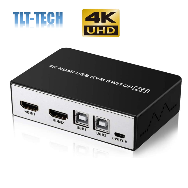 Commutateur KVM USB HDMI 4K, 2 ports, sélecteur KVM pour 2 ordinateurs, 1 moniteur HD et 4 périphériques USB, prenant en charge le clavier sans fil