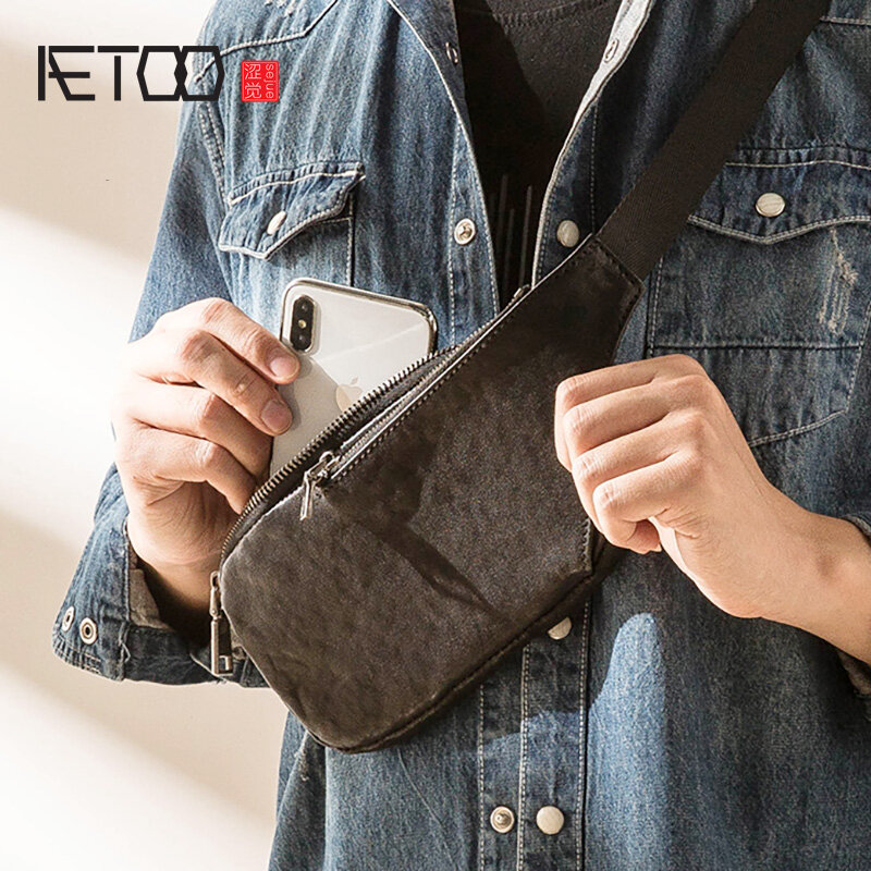 Aetoo-男性用の超薄型レザーチェストバッグ,片方の肩に着用するバッグ,レトロなヘッドタイトバッグ