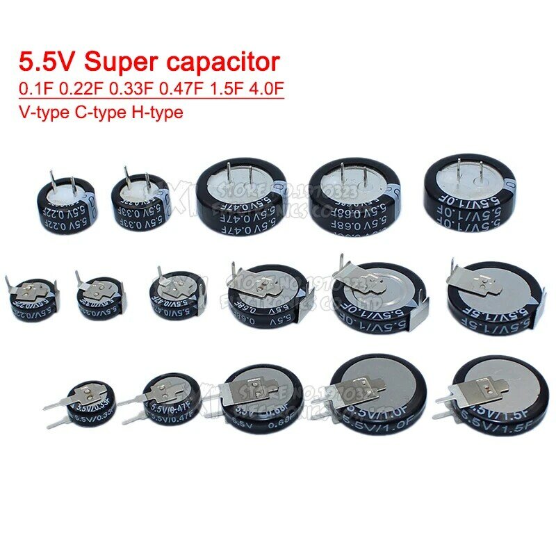 Supercondensador de Farad de botón tipo C, 5,5 V, 0,1f, 0,22f, 0,33f, 0,47f, 1F, 1,5f, 4,0f, tipo H