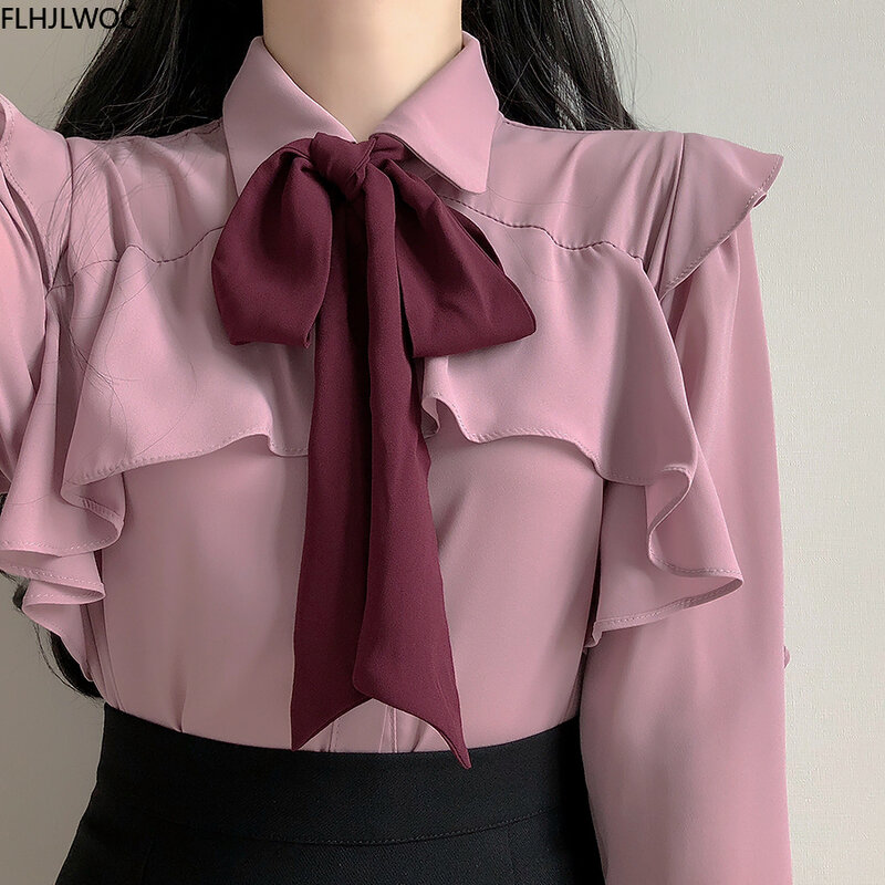 Blusa feminina de gravata borboleta com babados, desgaste básico do trabalho, manga flare, blusas femininas fofas, botão de peito único, camisas brancas sólidas, senhora do escritório, outono