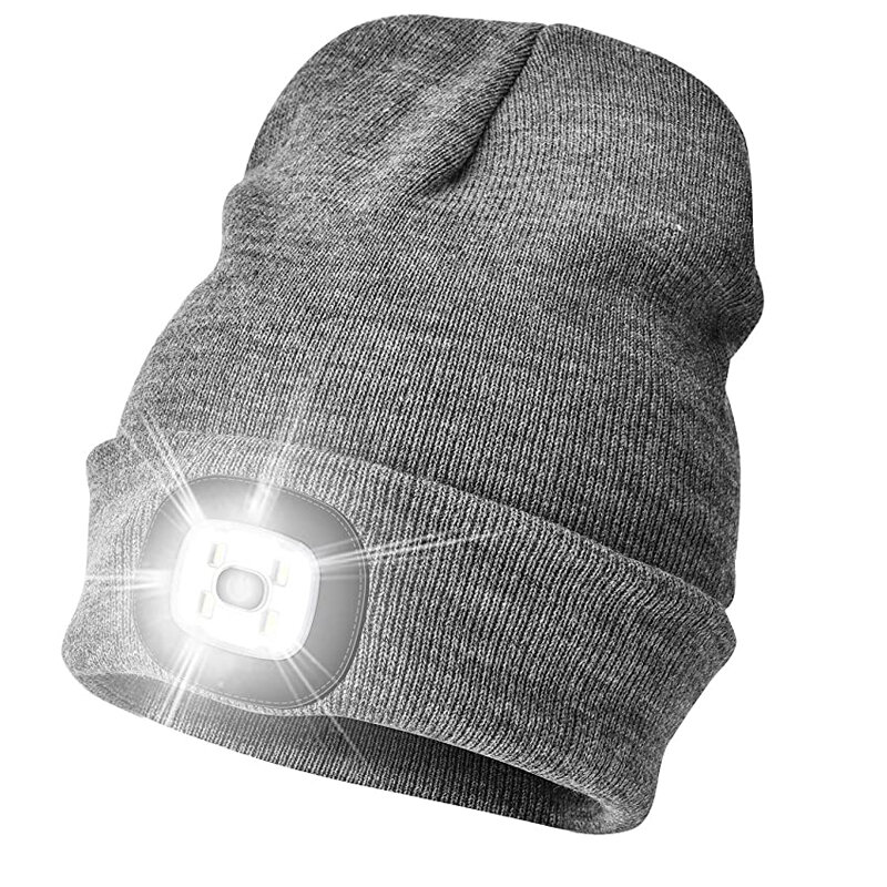 남녀공용 LED 비니 모자, 배터리가 있는 조명 선물, 겨울 니트 조명 헤드라이트 모자, 휴대용 헤드램프 토치