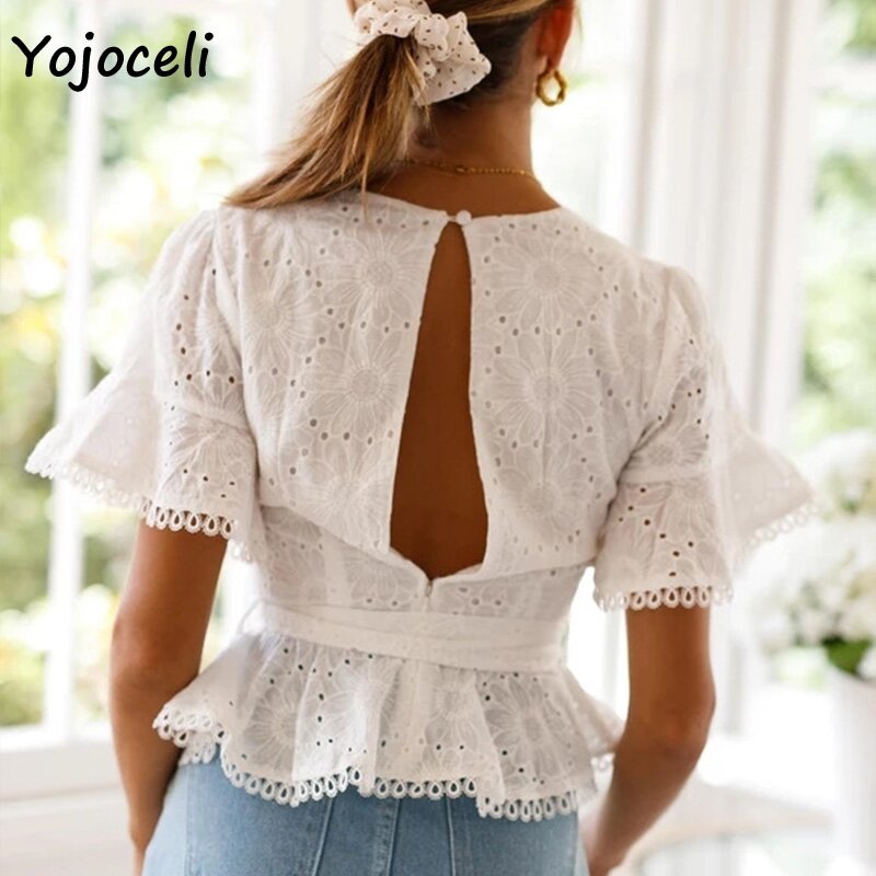 Хлопковая блузка Yojoceli с вышивкой, кружевная, женская рубашка с оборками и бантом, новые женские блузки в стиле бохо