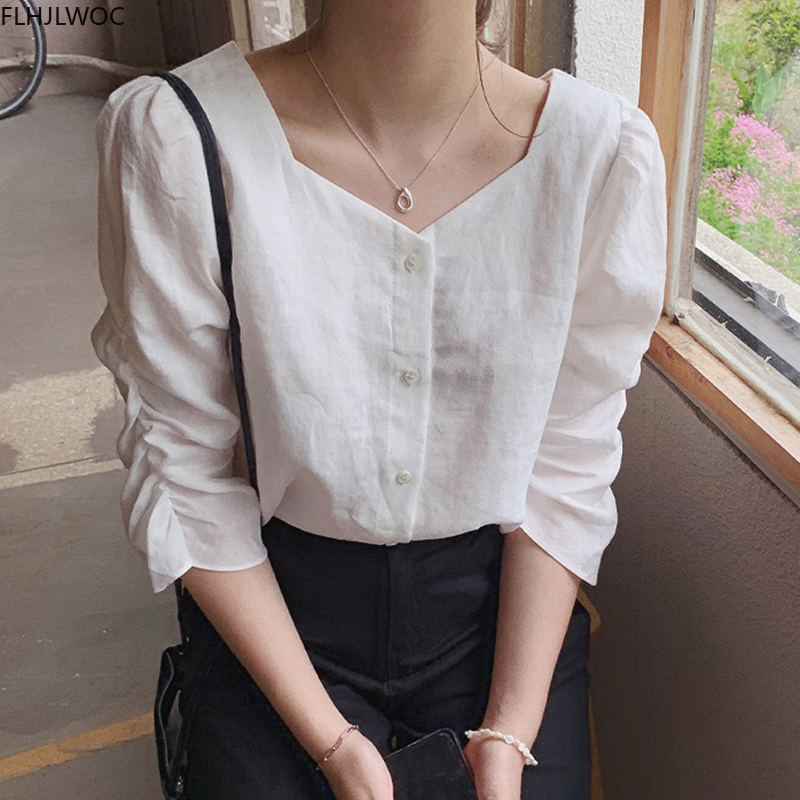 2020 jesień jesienna, w stylu Basic koszula pojedyncze jednorzędowe guziki topy słodkie styl Preppy japonia Korea elegancki bluzka Vintage solidny biały kobiety Top