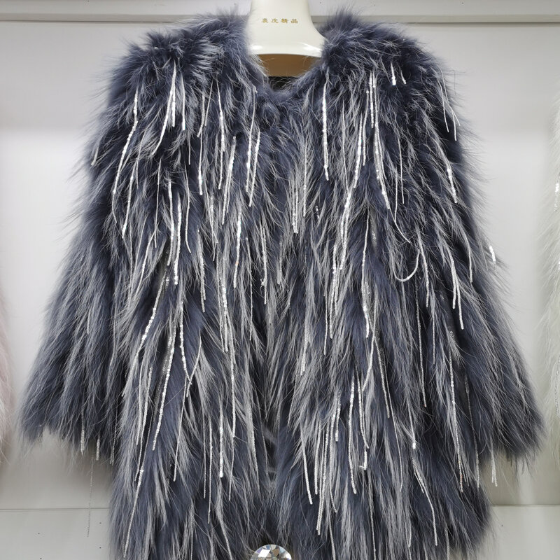 長さ70センチメートルリアルファーコート女性ニットリアルキツネの毛皮のコート新ファッションstlye女性のコートのアライグマの毛皮織フリンジコート