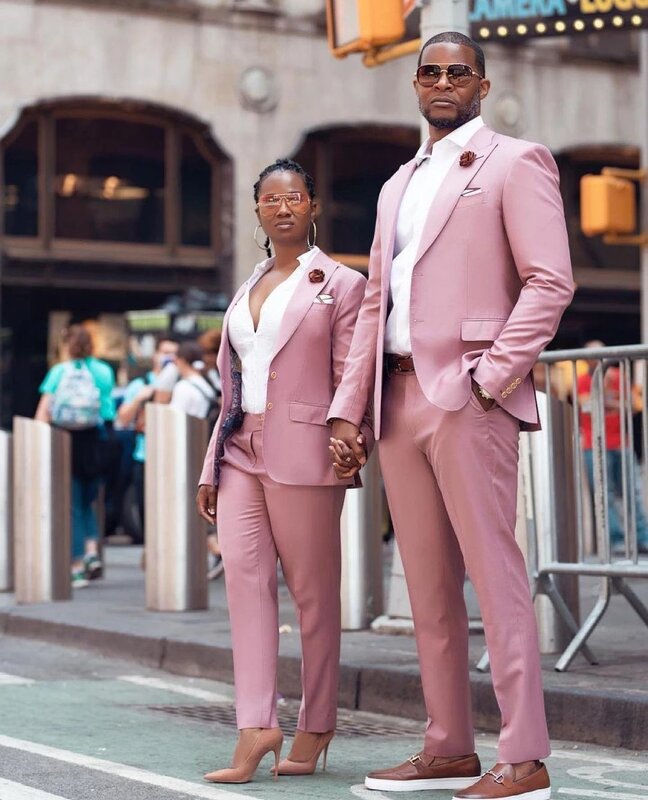 2 Pcs Hot Couples British Pink Costume Homme Mens Suits Groomsmen Wedding Tuxedos Terno Masculino Slim Fit Prom (Jacket+Pants)