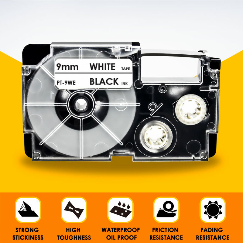 Fita para impressora de cassete com 9mm de largura, preto com branco e preto para marca de etiqueta