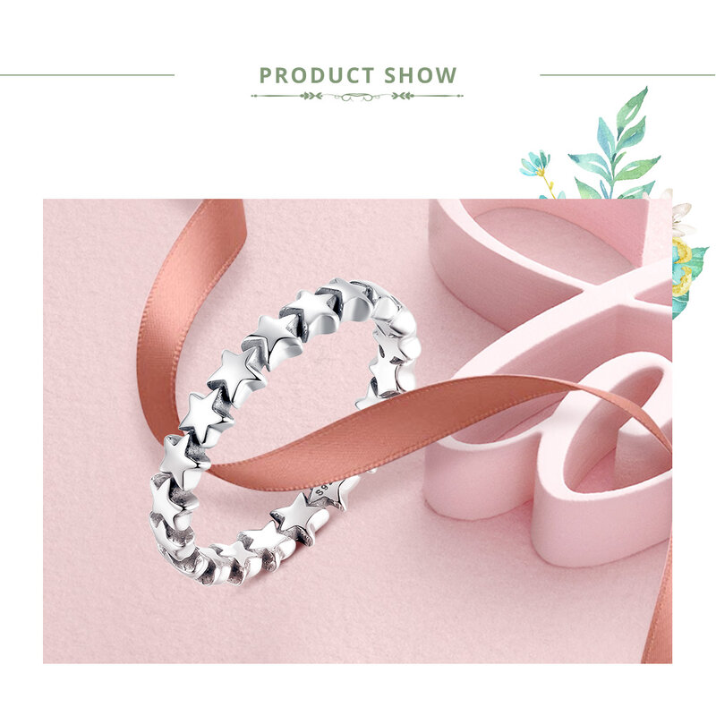 Bamoer venda quente genuíno prata 925 anel de estrela para o casamento feminino 100% 925 prata esterlina empilhável dedo anel jóias pa7151