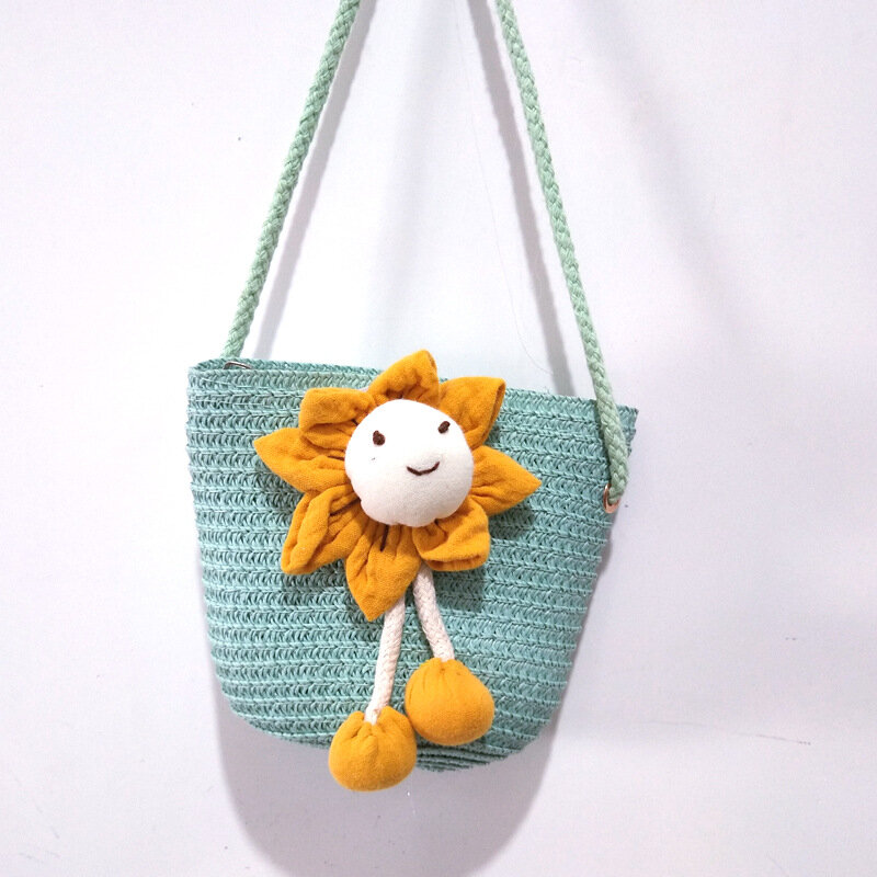 Summer Sunflower Straw Bag Small Kids Lovely Bucket Woven Bag Baby Girl's Mini Coin Purse Crossbody Messenger Bags