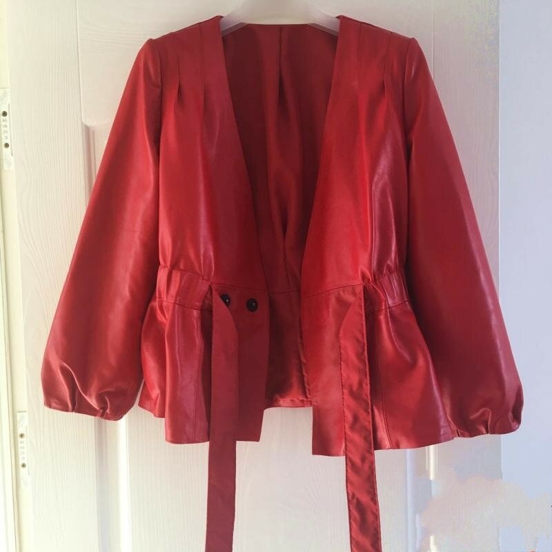 Женская короткая куртка из натуральной кожи, красная, черная винтажная куртка из овчины с v-образным вырезом, большие размеры, весна 2020