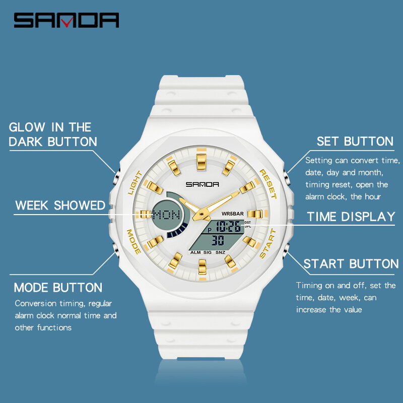 SANDA-야외 스포츠 시계 남성 Ms LED 디지털 시계, 군사 방수 날짜 전자 시계, 소년 소녀 Relogio Masculino